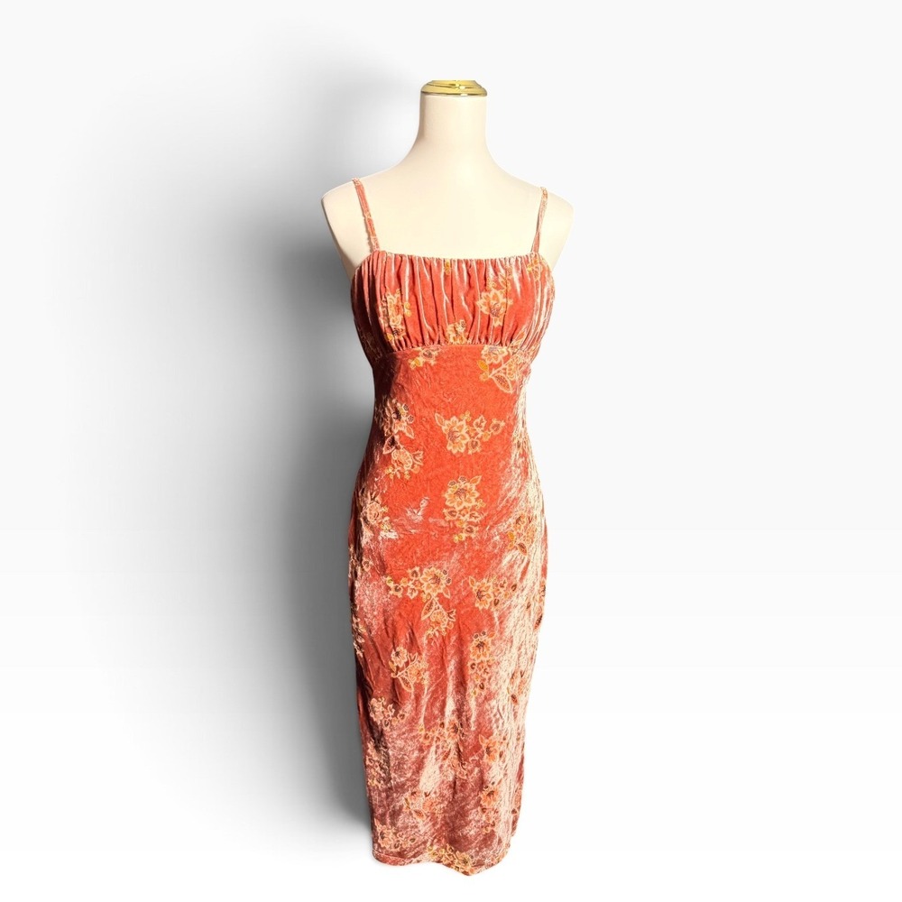 Hutch Anthropologie Burnt Orange Floral Crushed Velvet Dress Small Y2k style